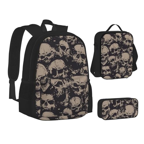 WURTON Schulrucksack-Set mit grünen Pailletten, glitzernd, für Teenager, Lunch-Tasche, Federmäppchen, 3-in-1, Schulrucksack-Set, Kinderrucksack, Coole Totenkopf-Grafik, Einheitsgröße