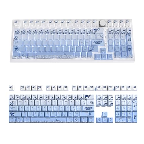 Blaue und weiße Porzellan-Tastenkappen mit seitlicher Beleuchtung, PBT-Doppelschuss für mechanische Tastatur, Farbstoffsubbed-Tastenkappen, Set, dicke PBT-Tastenkappen