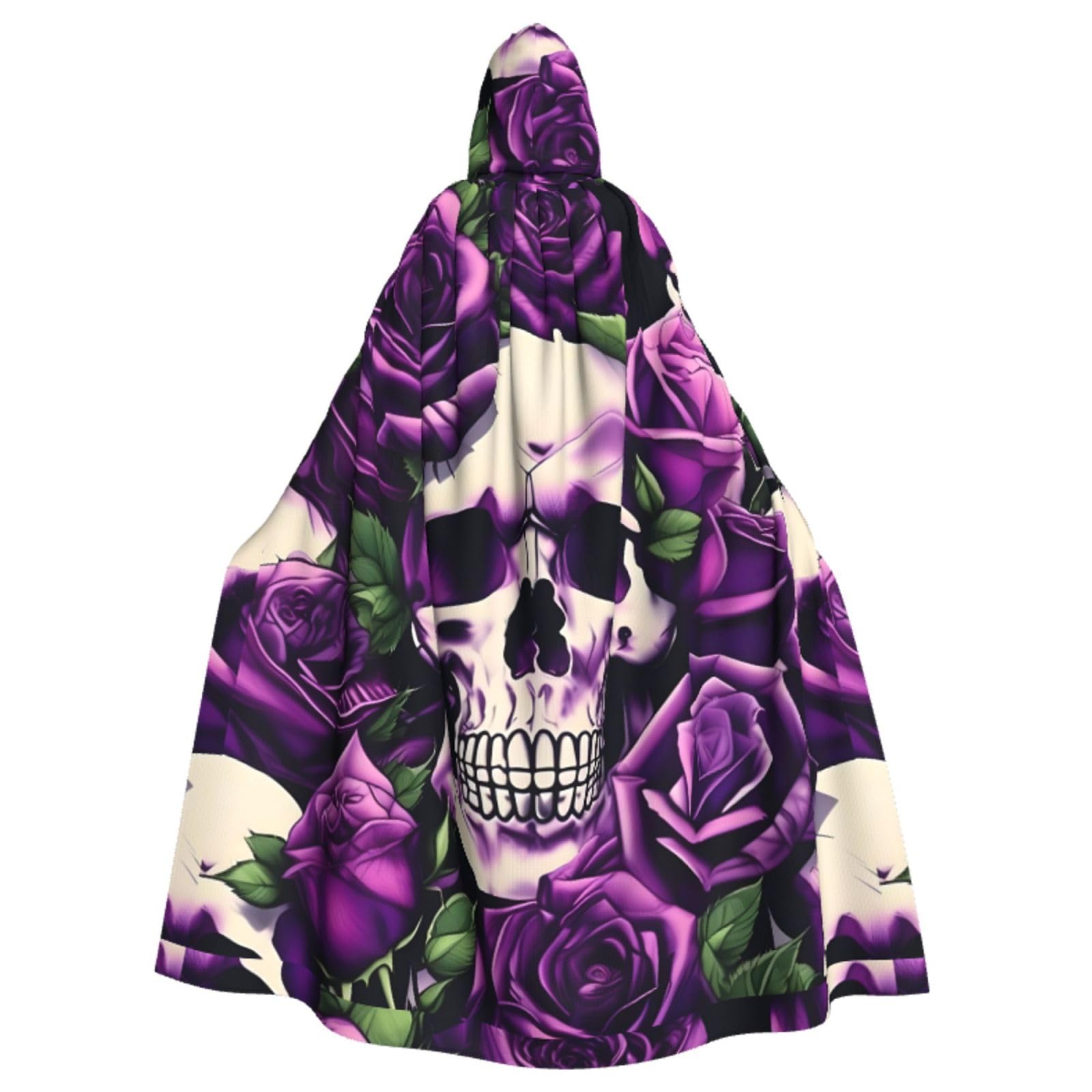 WURTON Umhang mit Kapuze und Totenkopf-Aufdruck, Motiv: viele violette Rosen, Halloween, festliche Bedürfnisse, Cosplay, Maskerade, Motto-Partys, 185 cm