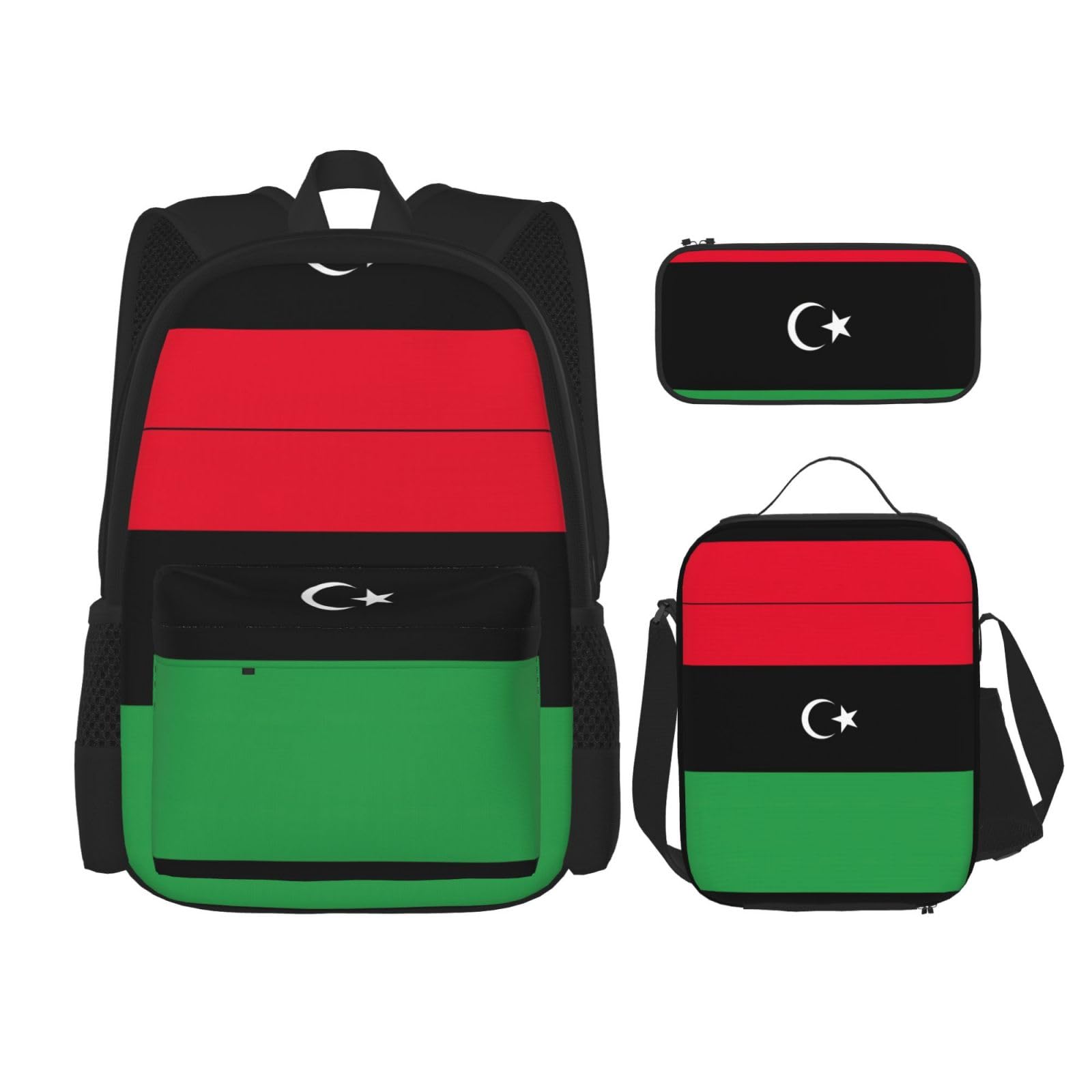 WURTON Libysche Flagge Druck Reise Lunchbox Federmäppchen Rucksack Set 3 Stück Verstellbare Träger Leicht, Schwarz, Einheitsgröße