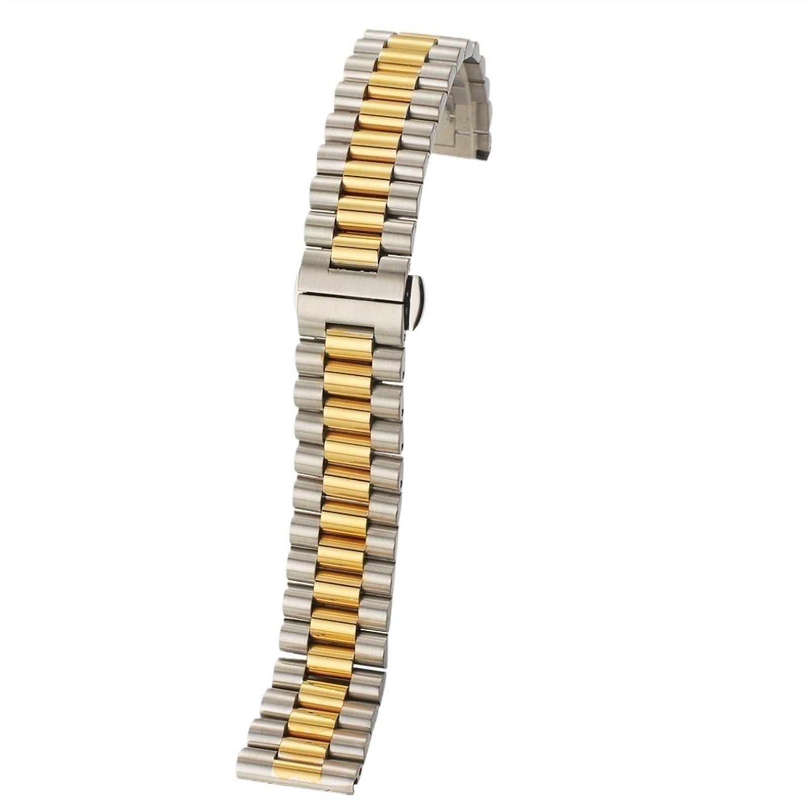 THBGTCNQ Uhrenarmband aus massivem Edelstahl mit Gliedern, 12 mm, 14 mm, 16 mm, 18 mm, 20 mm, 22 mm, universelles Ersatz-Uhrenarmband mit gebogenen Enden(Silver Gold,22mm)