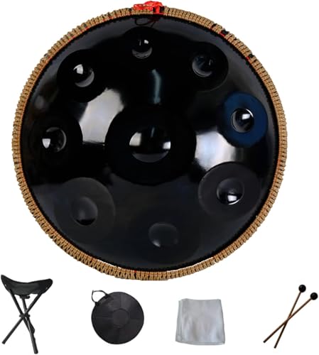 Tragbare Handpan Hand Pan Stahlzungentrommel 9 10 12 14 Noten Schlaginstrument mit Tragetasche für Anfänger Klangheilung, persönliche Meditation,Schwarz,9Noten