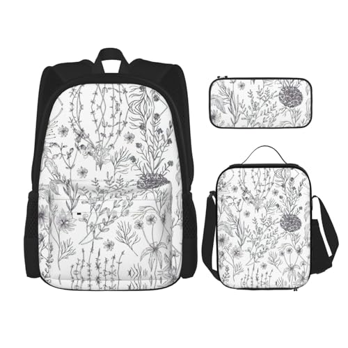 WURTON Trendiger Rucksack, Lunchbox, Federmäppchen, 3-in-1, verstellbares Rucksack-Set mit Blumenmotiv und Kräuterpflanzen