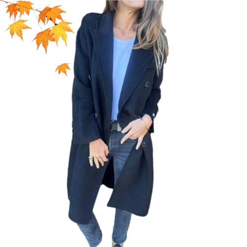 WINDEHAO Damenjacke für Herbst und Winter, Revers, langärmelig, lässig, Knopfleiste, lang, einfarbig, Tweed-Jacke für Damen, Schwarz, Größe XXXL