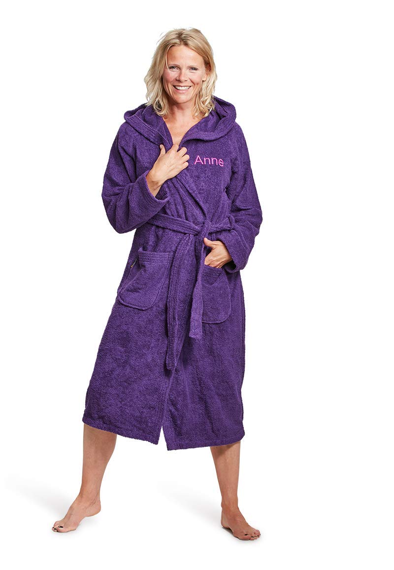 Badrock - Kapuzen-Bademantel mit Namen Bestickt - Violett/Lila - Baumwolle - Herren und Damen - mit Stickerei - Personalisiert (XXXL) - SKU 671