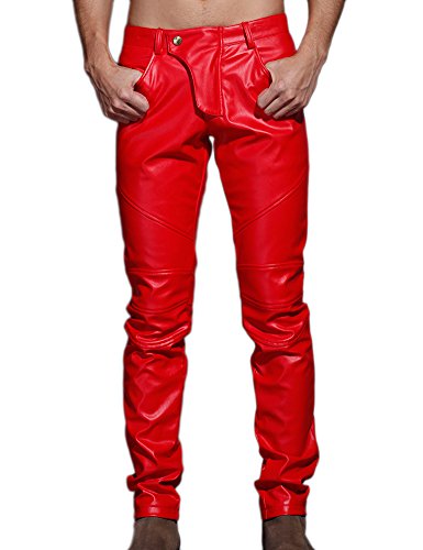 Idopy Herren Schlanke Passform Party Performance Biker Faux Leder Jeans Hosen Pu-Hose, Rot, 32(Taille 81cm)