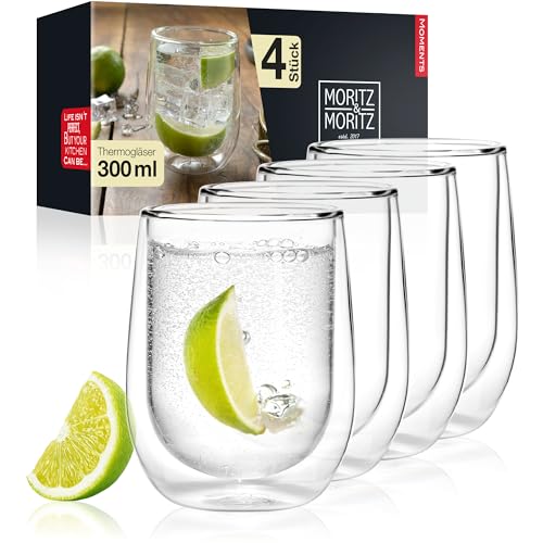 Moritz & Moritz 4x 300 ml Trinkgläser Set Doppelwandig - Doppelwandige Gläser für Cocktails, Wasser, Tee, Kaffee oder Longdrinks - Spülmaschinengeeignet