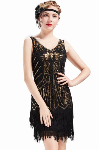 BABEYOND Damen Retro 1920er Stil Flapper Kleider mit Zwei Schichten Troddel V Ausschnitt Great Gatsby Motto Party Kostüm Kleider- Gr. S (Fits 74-84 cm Waist & 92-102 cm Hips), Gold Schwarz