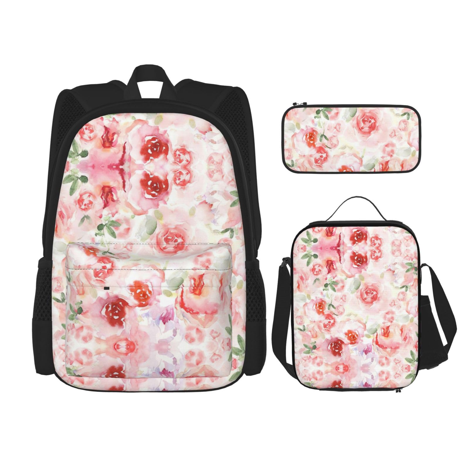 WURTON 3-in-1-Büchertaschen-Set mit weicher Farbe, blasses Rosen-Motiv, für Mädchen, Jungen, Schultaschen, Teenager, Lunchbox und Federmäppchen, 3-in-1-Büchertaschen-Set