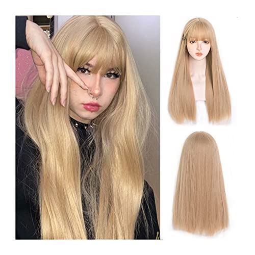 Perücken für Frauen Blonde Perücke mit Knall for Frauen Mädchen 61 cm lange glatte blonde Perücke Natürliche hitzebeständige synthetische Perücke for Cosplay und den täglichen Gebrauch für die Täglich