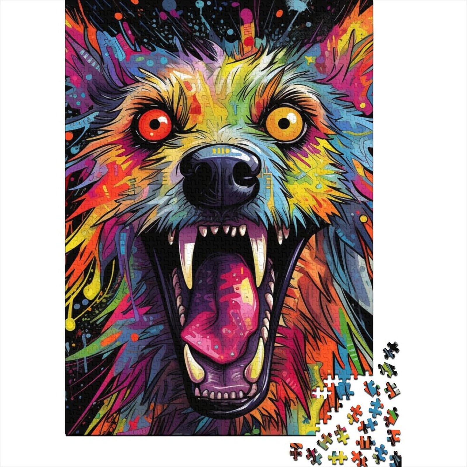 Psychedelic The Hyena Holzpuzzle Erwachsenenpuzzle Kunstpuzzle für Erwachsene 500 Teile ganze Familie und die 20,47x14,96 Zoll