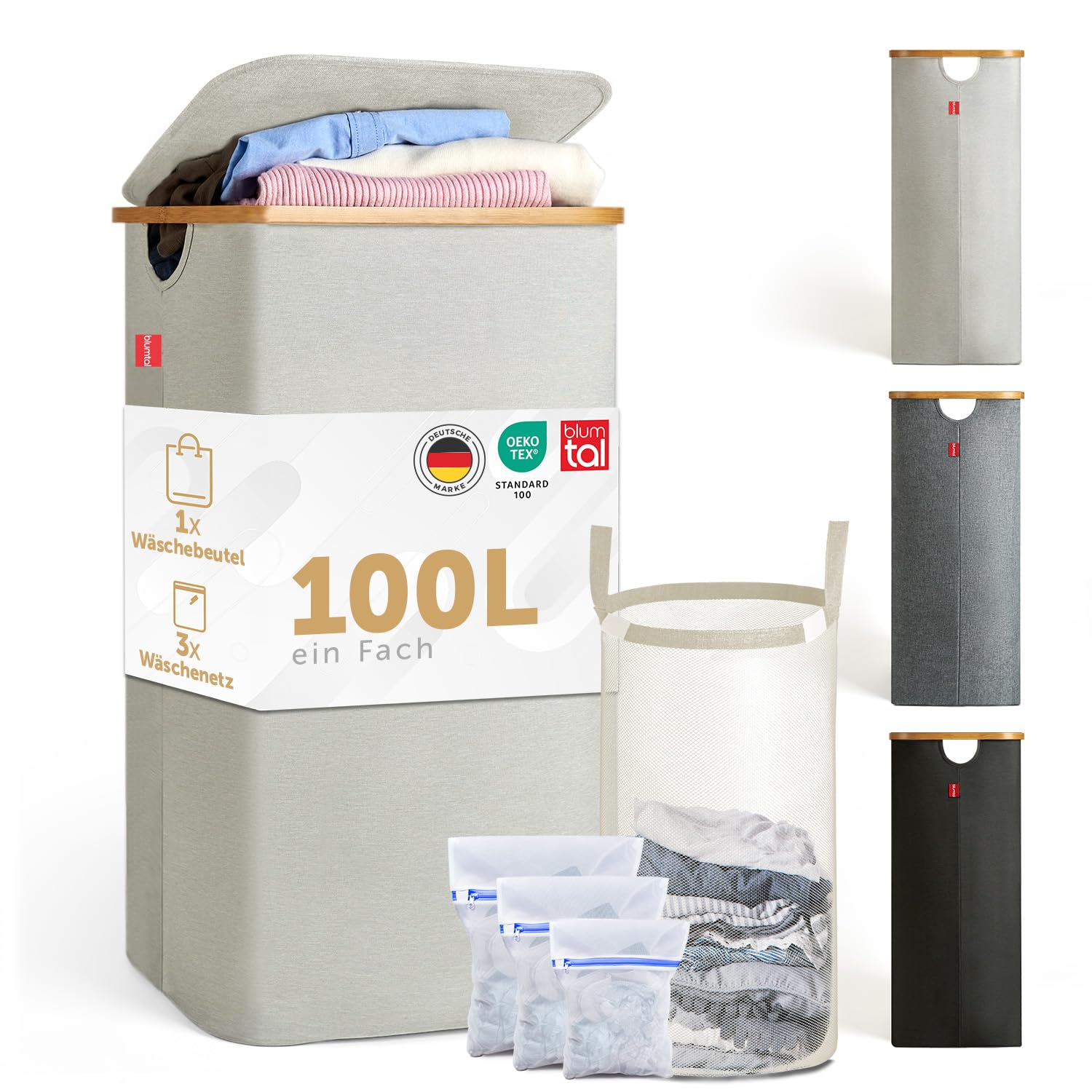 Blumtal Wäschekorb 100L - Wäschesammler mit herausnehmbaren Wäschesack - Wäschekorb schmal - Laundry Baskets - Pfandflaschensammelbehälter - Wäschekorb mit Deckel - Wäschekorb beige - Laundry Bag