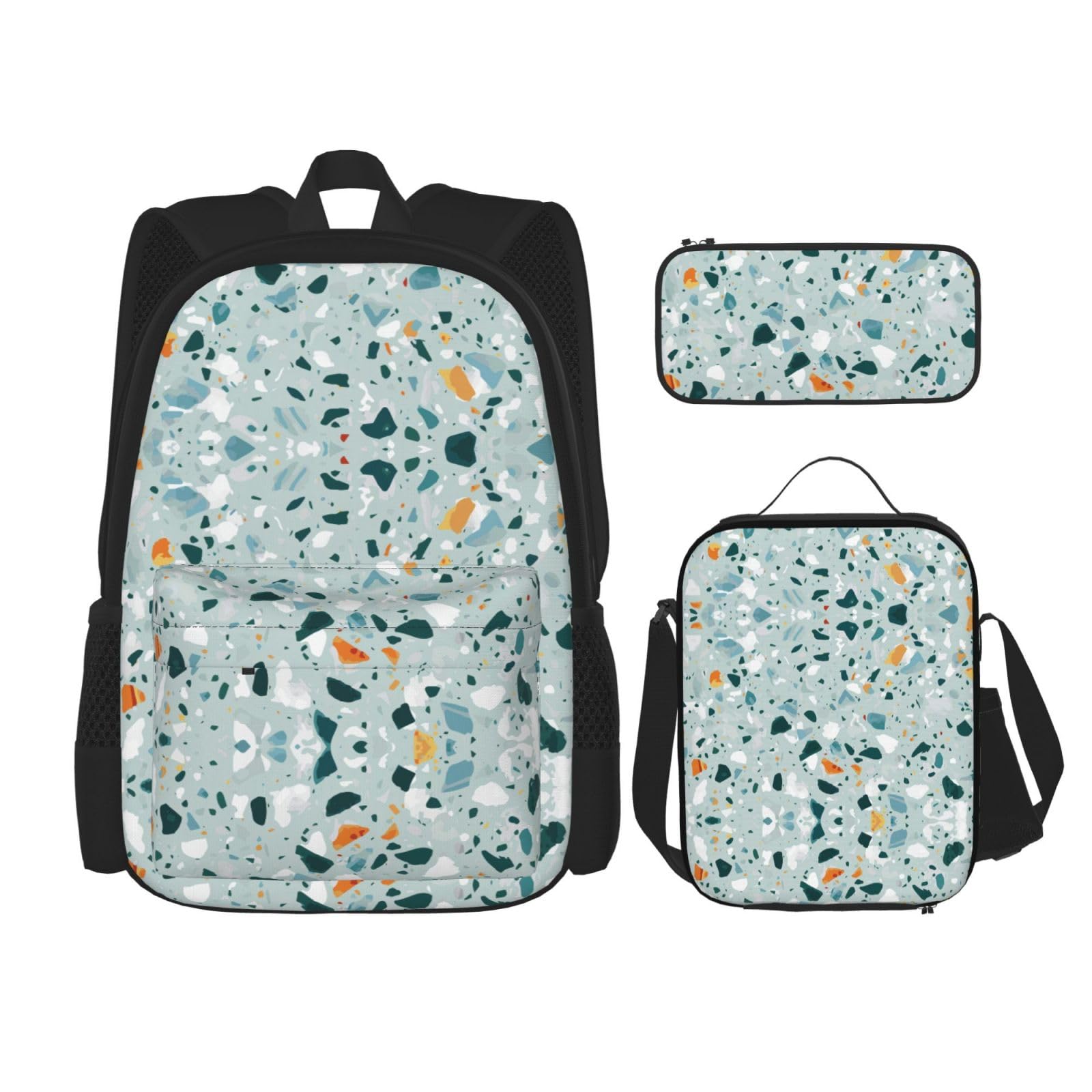 WURTON Terrazzo 3-in-1-Set mit Marmor-Druck, 3-in-1-Sets, lässig, verstellbarer Schulter-Rucksack, Lunch-Tasche, Federmäppchen, Beutelbox, Schwarz, Einheitsgröße