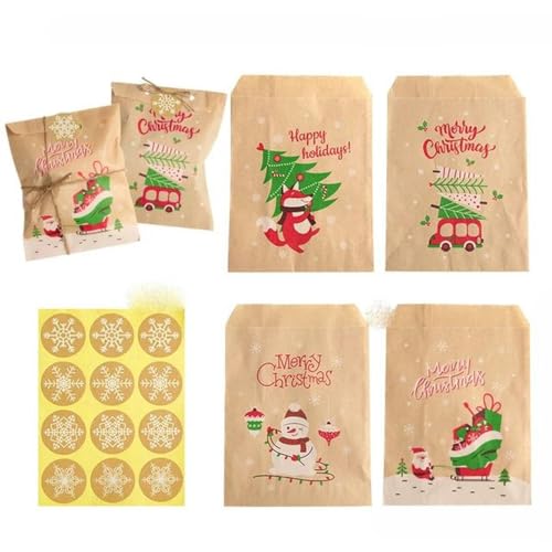 24 Sets Weihnachts-Kraftpapiertüten, Weihnachtsmann, Schneemann, Fuchs, Süßigkeiten, Plätzchenbeutel, Urlaub, Weihnachten, Party, Geschenktüte, Verpackungszubehör, 24 Sets, Muster 2