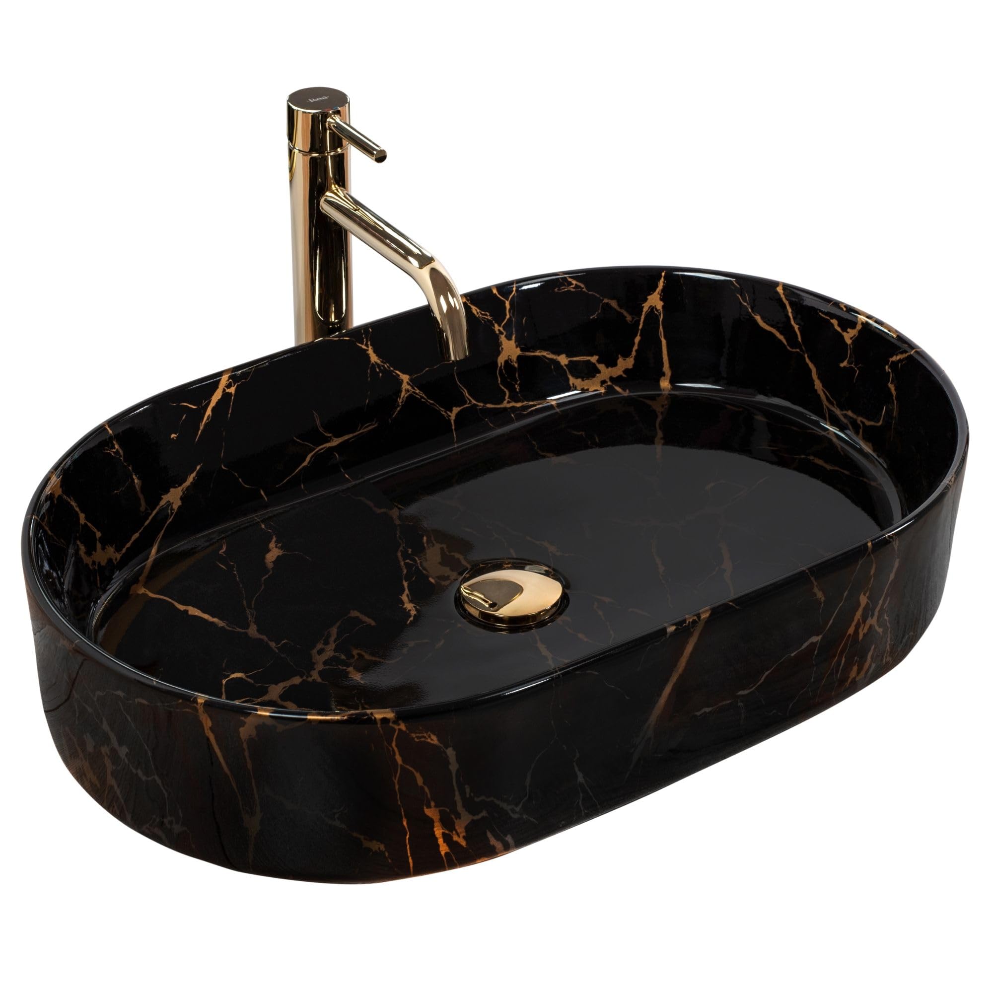 Rea Aufsatzwaschbecken NADIA 60 BLACK MARBLE SHINY Waschtisch Handwaschbecken Waschschale Waschbecken für Badezimmer aus hochwertiger Keramik 10 x 61 x 12 cm (schwarz)