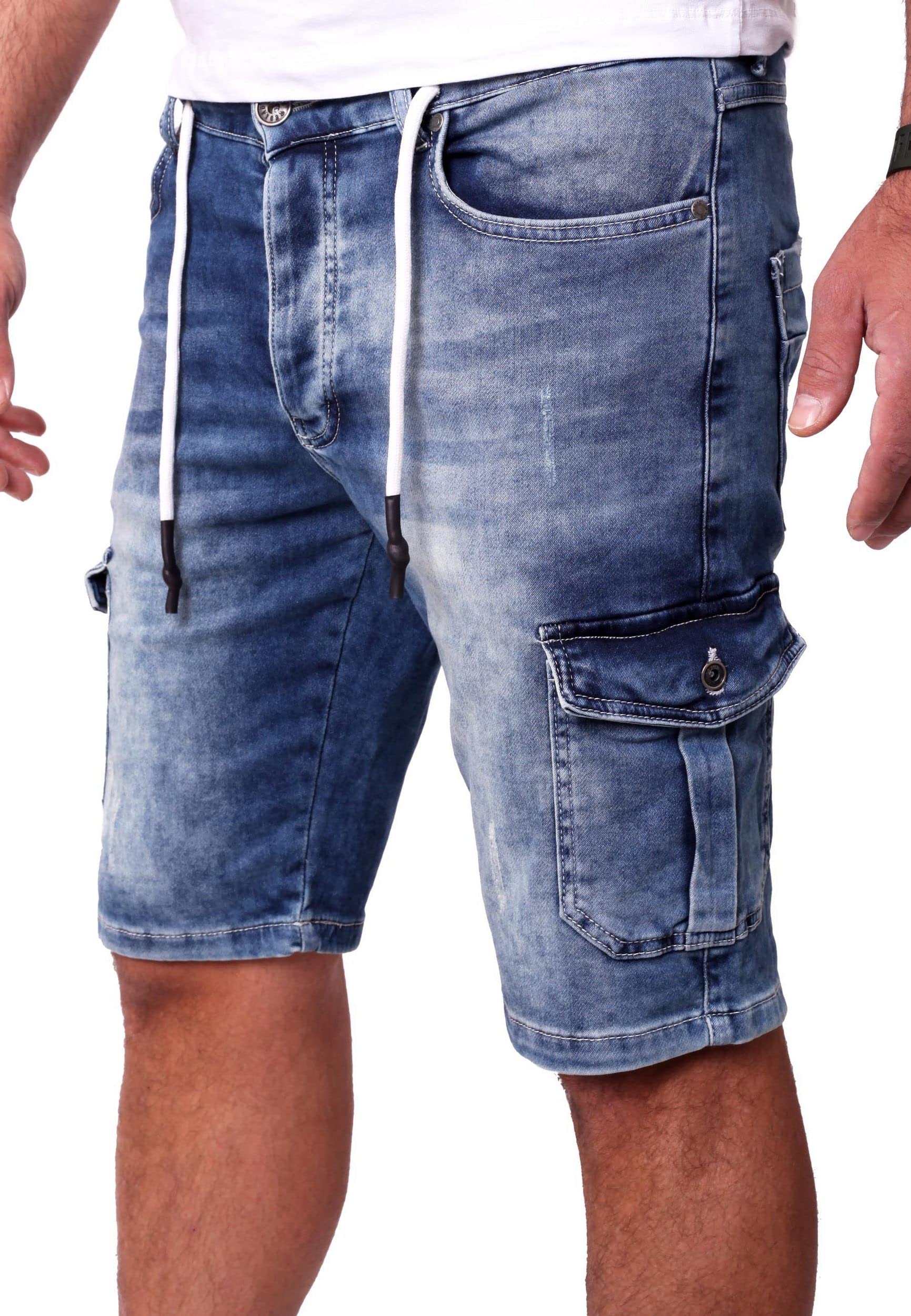 Reslad Cargo Jeans Shorts Herren Kurze Hosen Sommer - Sweathose in Jeansoptik l Stretch Denim Männer Jeansshorts l Hose Slim Fit RS-2099 Blau W29