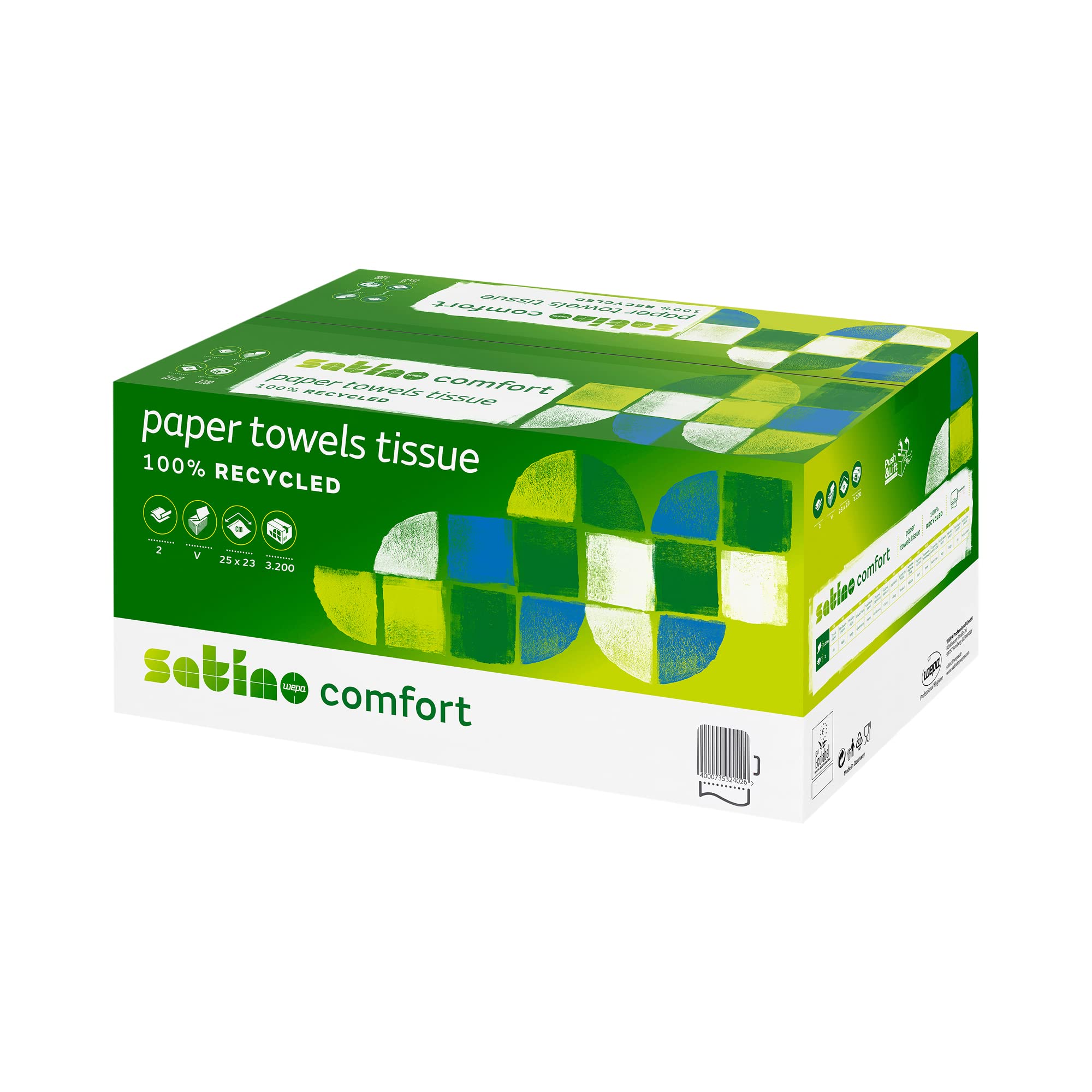 Satino by WEPA Comfort Handtuchpapier Format Tissue 277210 - PT3 kompatibel - 2-lagig - grün - 20x160 Blatt - V-Falz - 25x23cm - EU Ecolabel zertifiziert - 100% Recycling - 3.200 Blatt