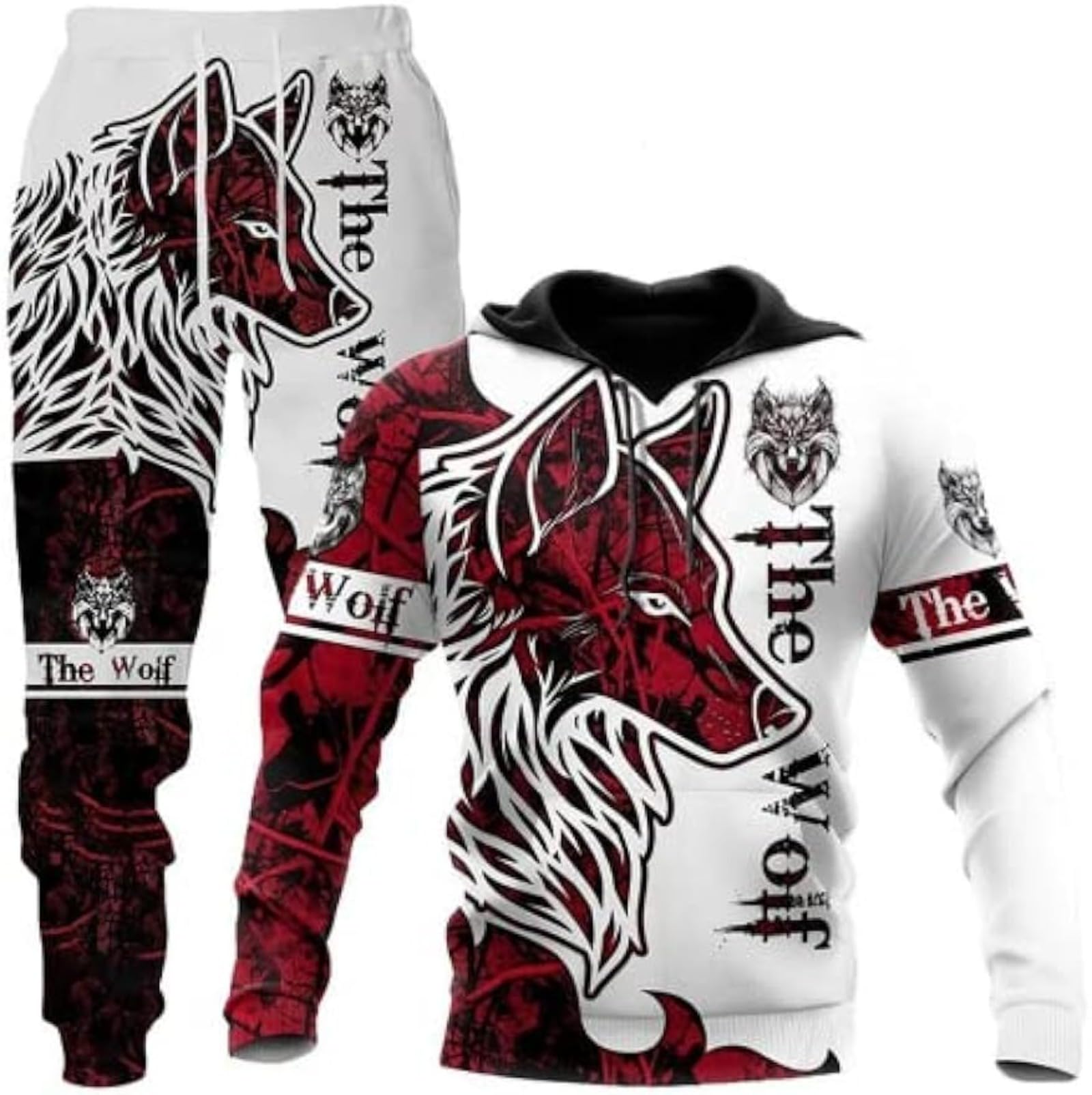 RIAAJ Unisex 3D Wolf Druck Hoodie Herren Jogginganzug Unisex Sweatshirts Hoody + Hose Sets (F1,5XL)