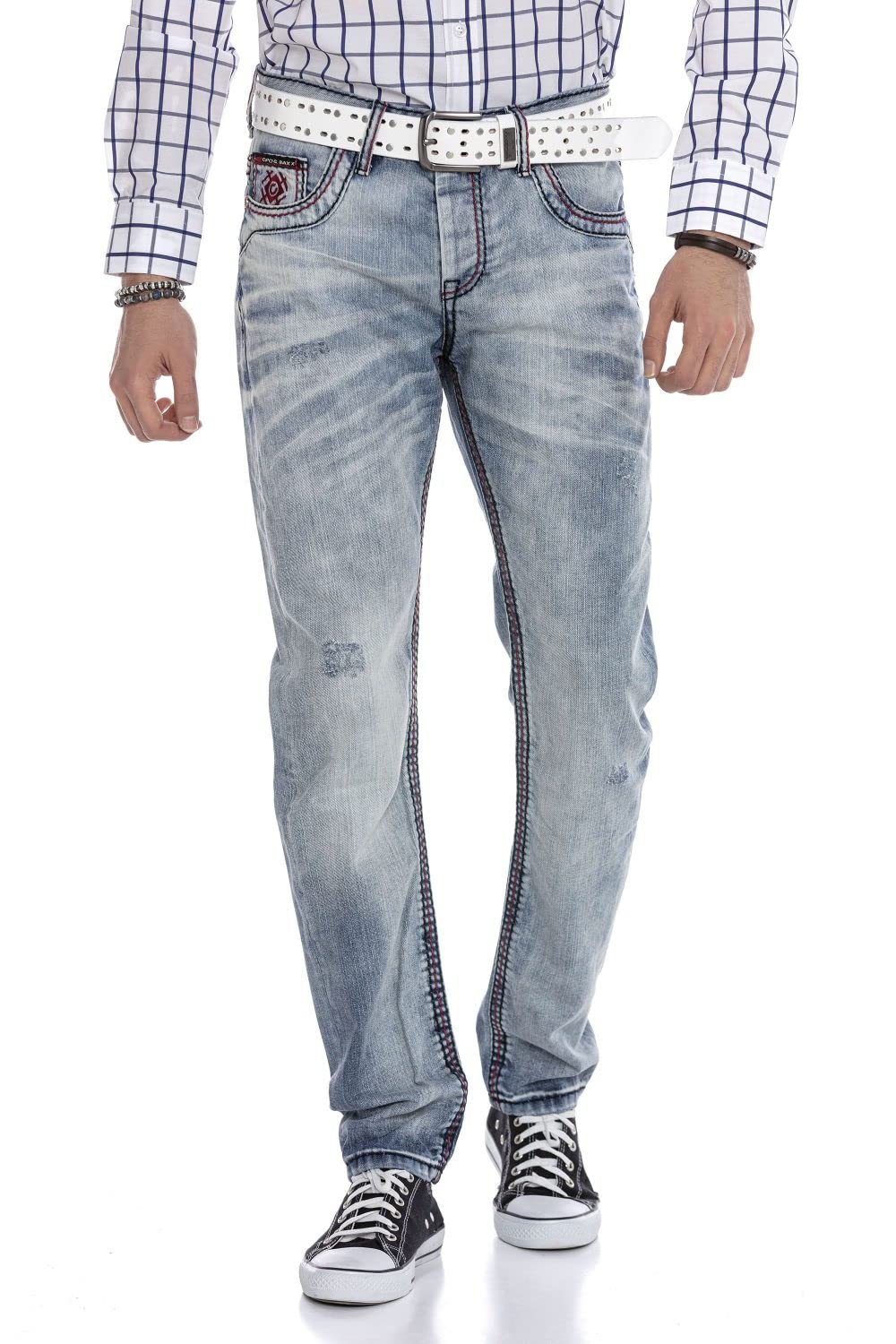 Cipo & Baxx Herren Ausgefallene Jeans Hose Straight Leg Denim Casual CD616 Hellblau W42 L32