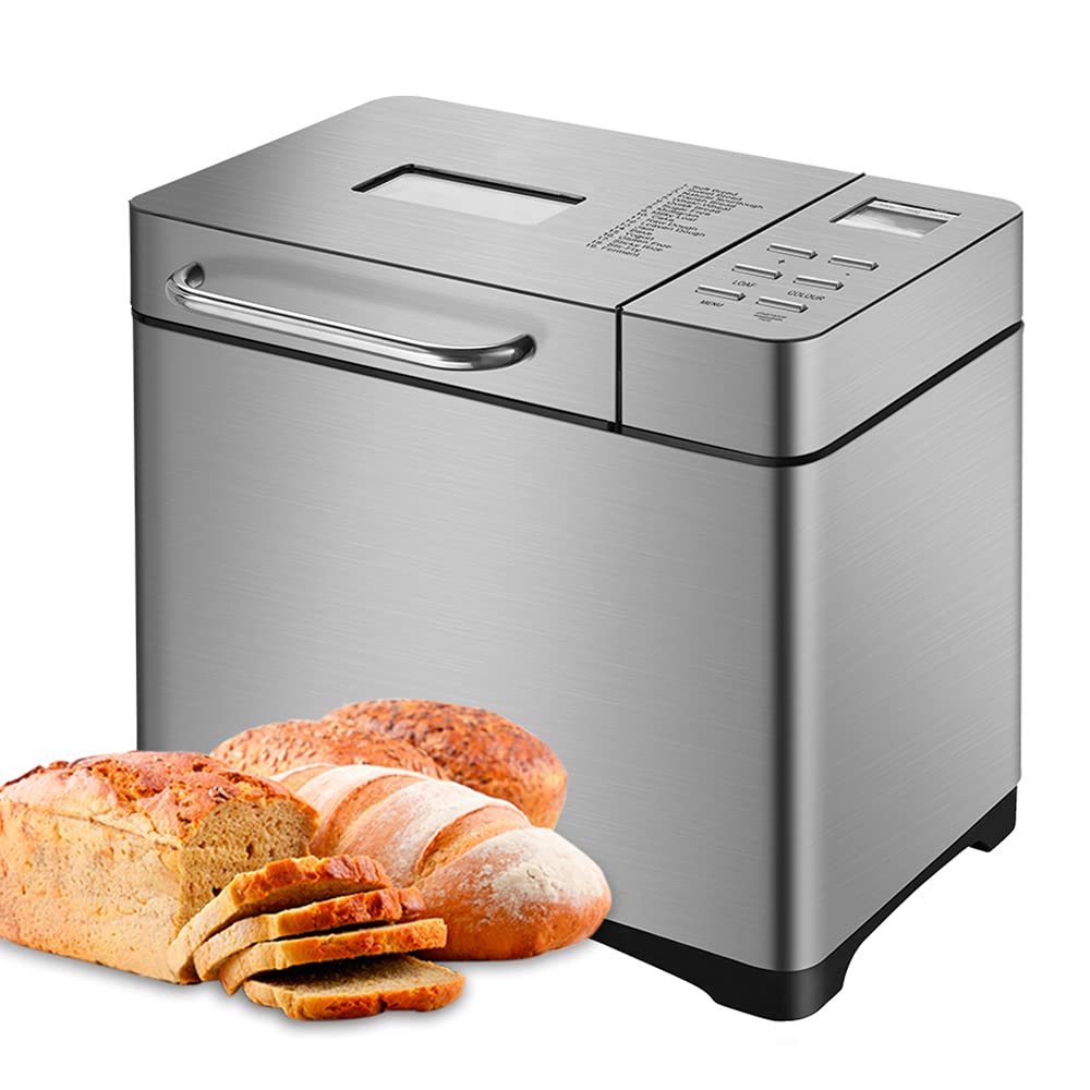 PIOJNYEN 19-in-1 Brotbackautomat Edelstahl Brotbackmaschine 650W Automatisches Zutatenfach, Digital Touch Panel, Mixen, Kneten, Backen, Fruchtspender, 7 Zubehörteile