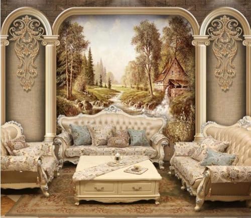 Vintage Flüsse Häuser Wald 3D Tapete Poster Restaurant Schlafzimmer Wohnzimmer Sofa TV Dekorative Wand-200cm×140cm