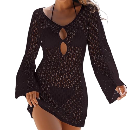 HIOPOIUYT Coverup Kleid Langärmeliges Badeanzug Coverup Ausgehöhltes Häkel Wickelkleid Schwimmbad