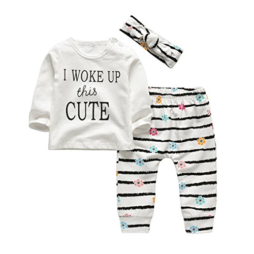 Tinykeke Baby Mädchen Kleidung Kleinkind Outfits Langarm T-shirt Tops + Blumen Hosen + Stirnband 3 tlg Babykleidung Set (6-9 Monate)