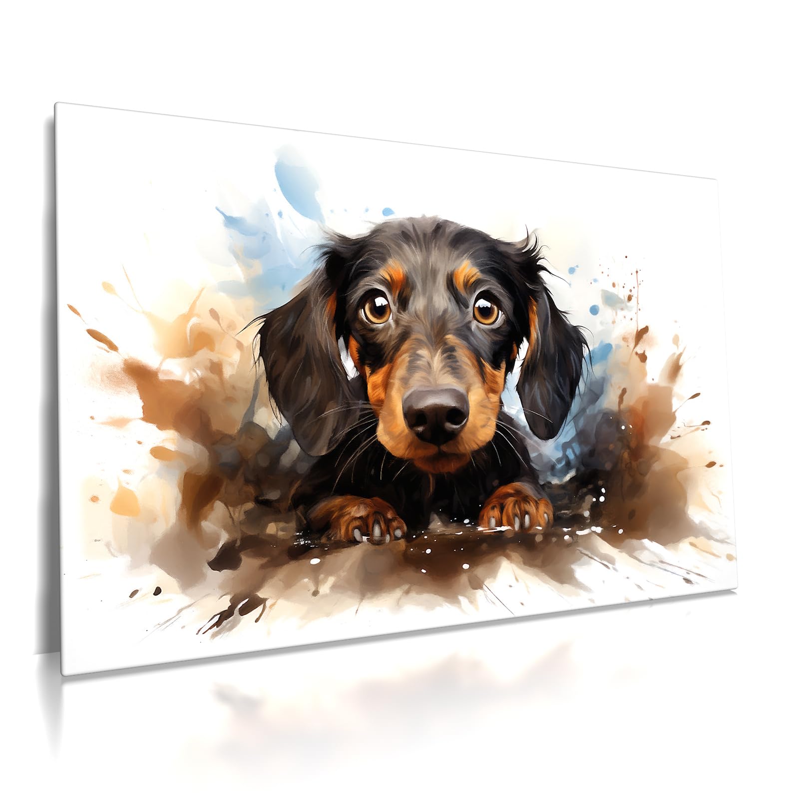 Dackel - Leinwand Bild - Leinwand Bild - Wasserfarben Aquarell Hund Wandbild XXL Kunst Wand Druck Bilder Modern Art Wohnzimmer (120 x 80 cm, Leinwand, Dackel)