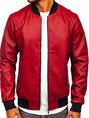 BOLF Herren Lederjacke Kunstlederjacke Bikerjacke Übergangsjacke Steppjacke Kapuze Motorradjacke Pilotenjacke Fliegerjacke Bomberjacke Stehkragen Casual Style J.Boyz 1147-1 Rot XL [4D4]