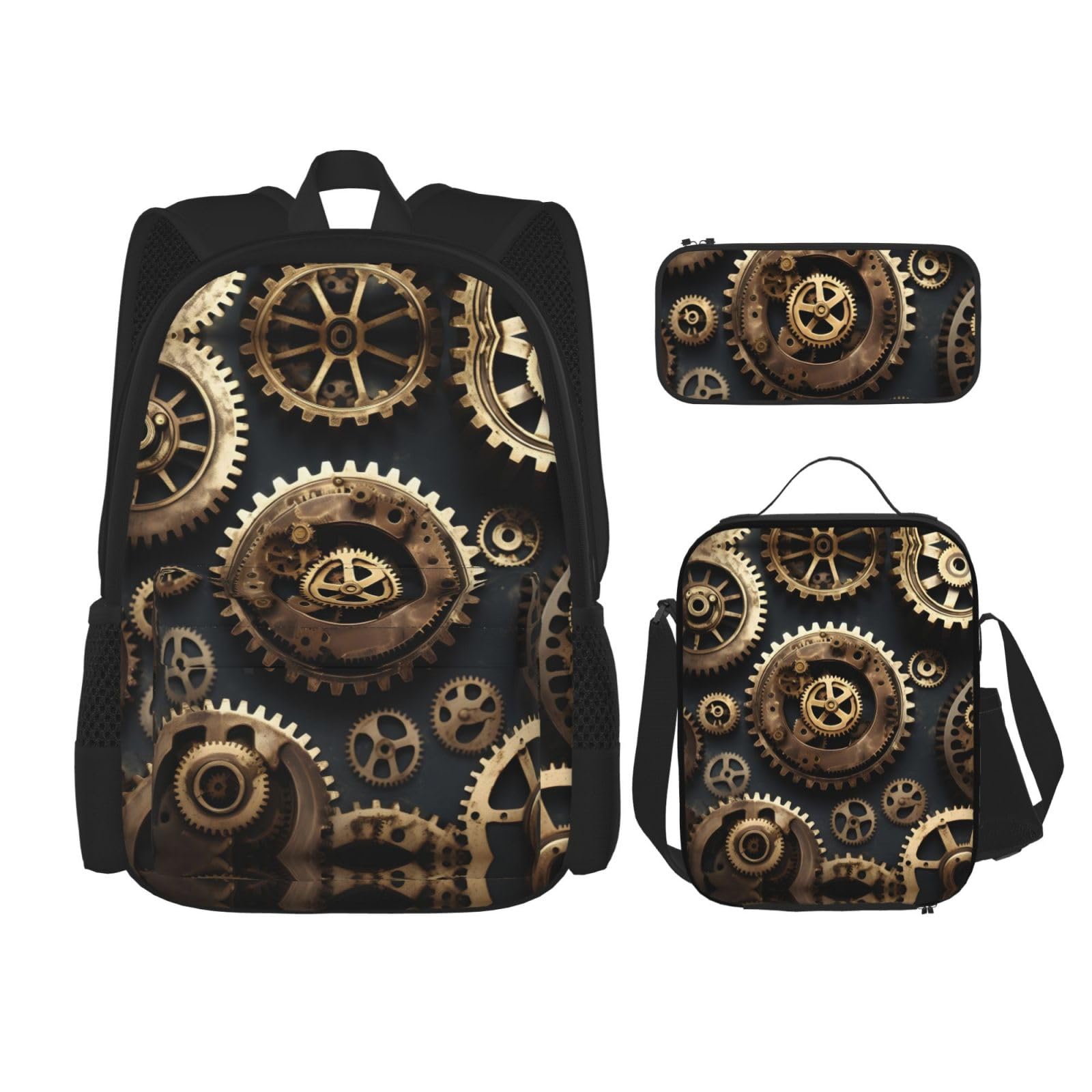 WURTON Steampunk Gears Print Lunchbox Federmäppchen Rucksack Set 3 Stück Verstellbare Träger Langlebig Leicht, Schwarz, One Size