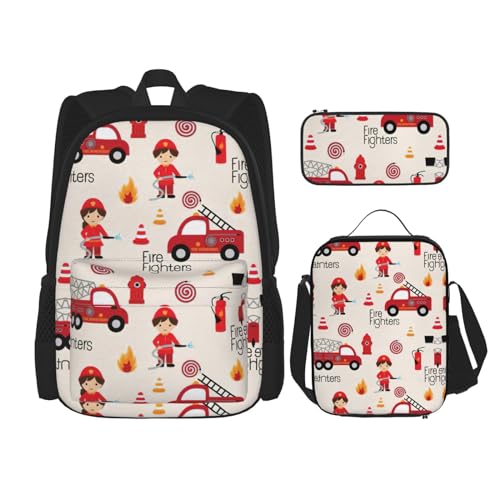 WURTON Schulrucksack-Set mit Aufdruck "Little Boys And Girls in Firefighters", Schultasche mit Lunchtasche, Federmäppchen, Kombinations-Schultaschen-Set