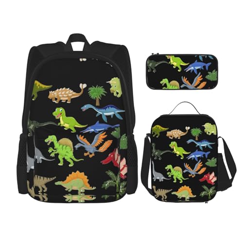 WURTON Rucksack mit Cartoon-Dinosaurier-Bildern, 3-in-1, Büchertaschen-Set, Lunchbox, Federmäppchen, Reise-Laptop-Tagesrucksäcke, Schwarz, Einheitsgröße