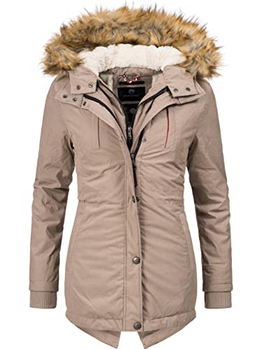 MARIKOO Damen Mantel Wintermantel Winterparka mit Kapuze Akira Taupe Gr. M