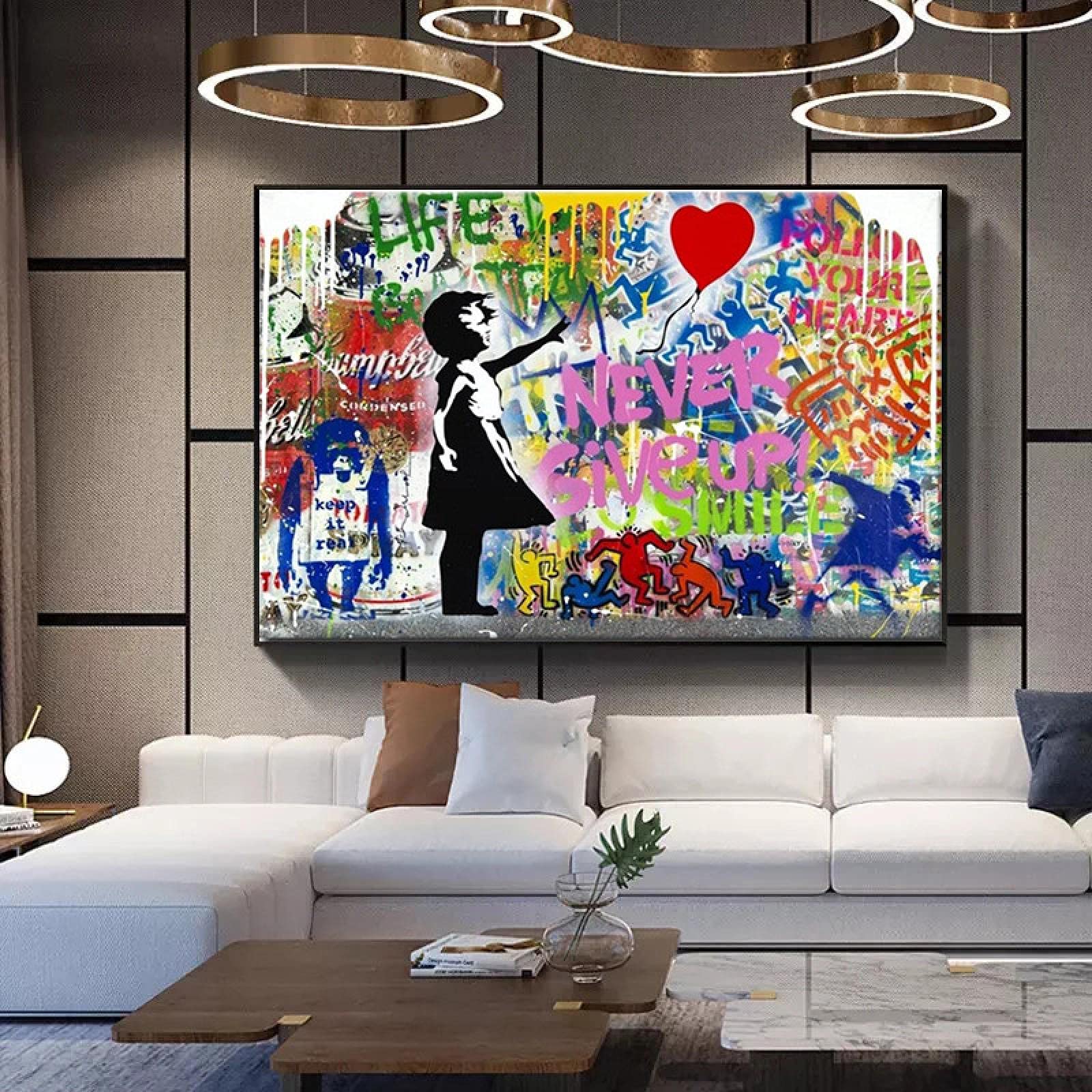 Banksy Never Give Up Ballon Mädchen Affe Leinwandbild Straße Graffiti Kunst Wand Poster Drucke Wandkunst Schlafzimmer Dekor 40x60cm Rahmenlos