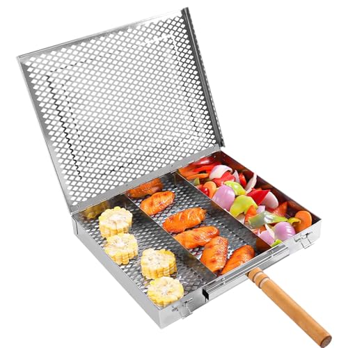 Weppduk Grillkorb aus Edelstahl, Grillkorb mit Griff - Outdoor-Grillkorb mit Griff,Picnic Cooking Tools 3-Gitter-Grillkorb mit herausnehmbarer Trennwand für Bankett, Abendessen, Camping