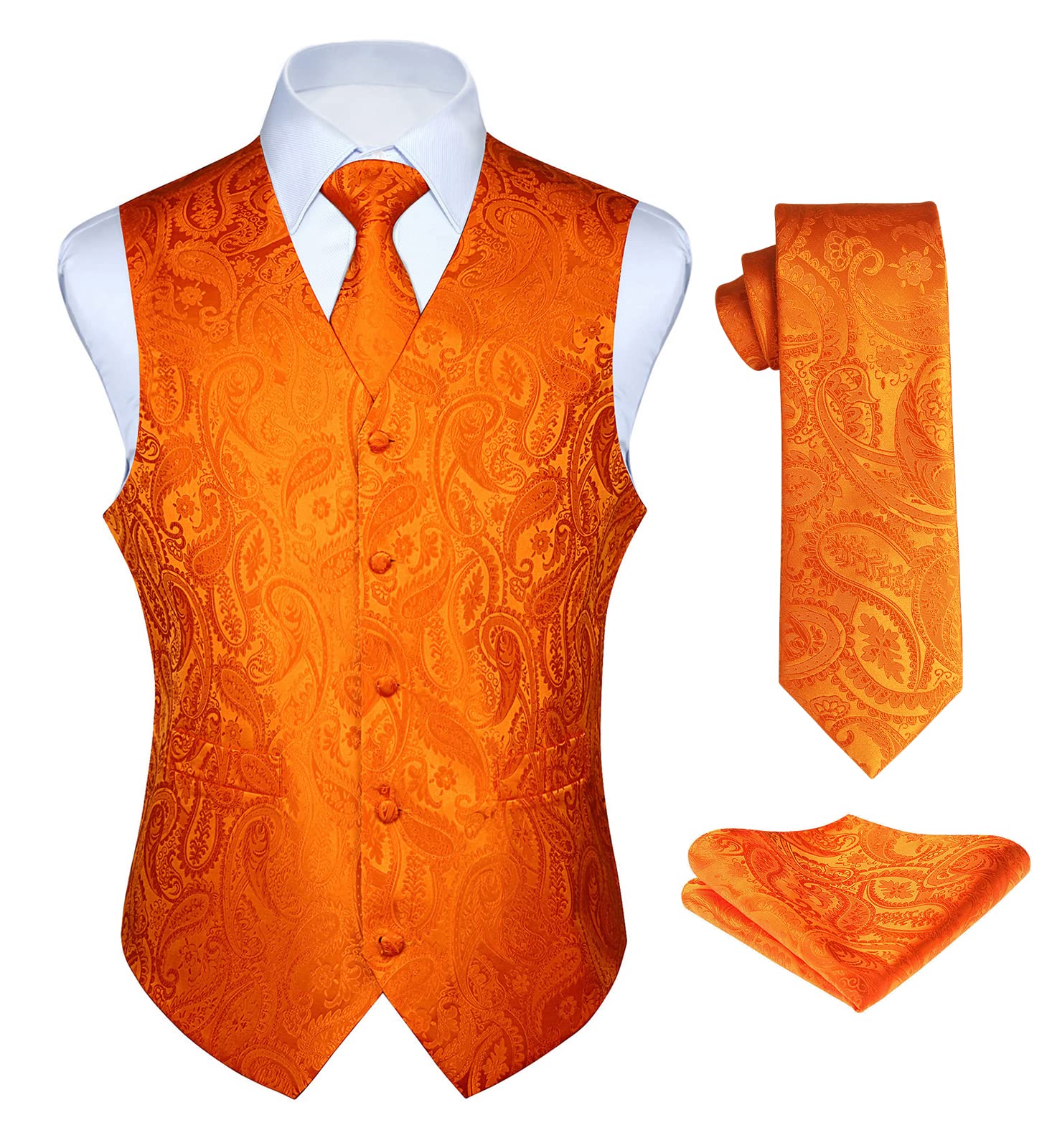 Enlision Anzugweste Orange Herren Hochzeit Paisley Westen & Krawatte Einstecktuch Party Floral Jacquard Anzug Weste Set 3XL