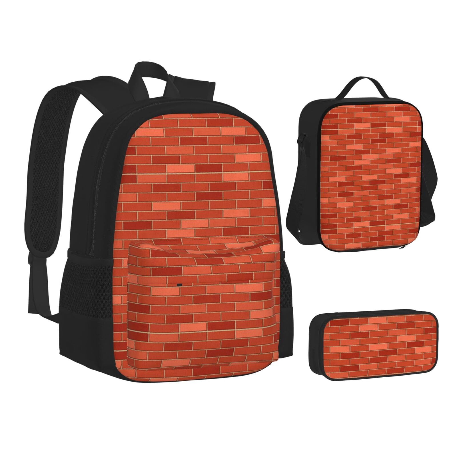 WURTON Rucksack, Lunchbox-Set, 3-in-1-Rucksack und Federmäppchen, mit rotem Ziegelmauer-Texturdruck, passende Kombination, Schwarz, Einheitsgröße