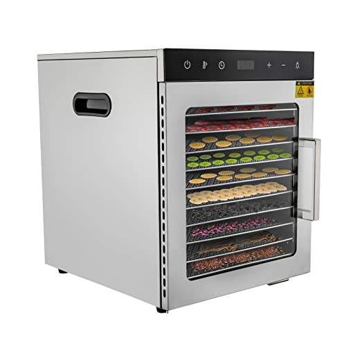 220V 800W Dörrautomat aus Edelstahl, 10 Ablagen Dörrgerät Temperaturregler von 30-90℃, Timerfunktion von 0,5-24h, Dehydrator für Obst, Gemüse, Fleisch und Tee, BPA-frei