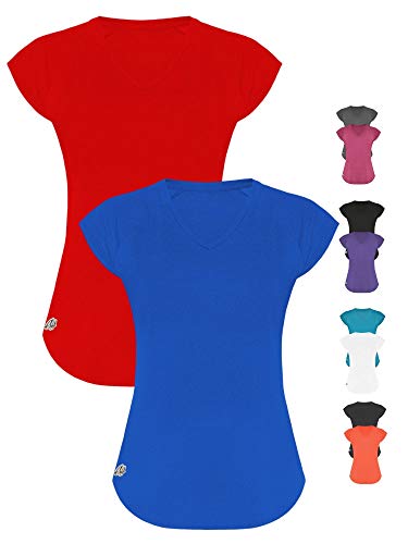 GO HEAVY Damen 2er-Pack Fitness Funktions Sport T-Shirt Laufshirt Kurzarm Schnelltrocknend | Blau/Rot M