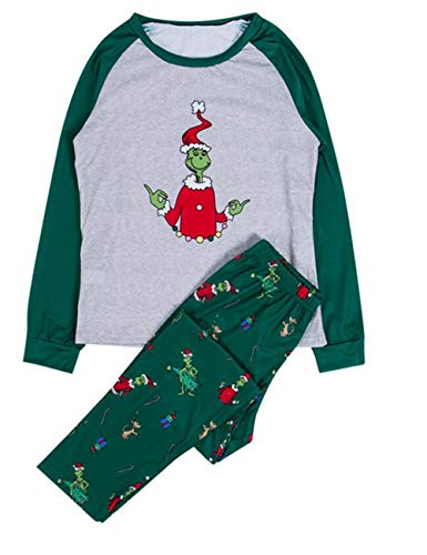 SOMTHRON Familien Weihnachtsanzug Grinch Druck Pyjama Set Schlafanzug Langarm Shirt und Pyjamahose(GR2,XL)