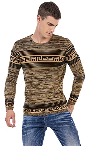 Cipo & Baxx Herren Strickpullover Streifen Muster Strick Rundhals Langarm Pullover CP244 Camel L