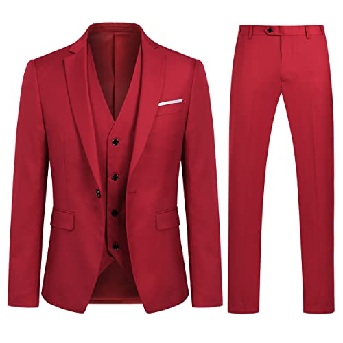 Anzug Herren Slim Fit 3 Teilig Anzüge Modern Herrenanzug 3-Teilig Sakko Hose Weste für Business Hochzeit Rot Medium