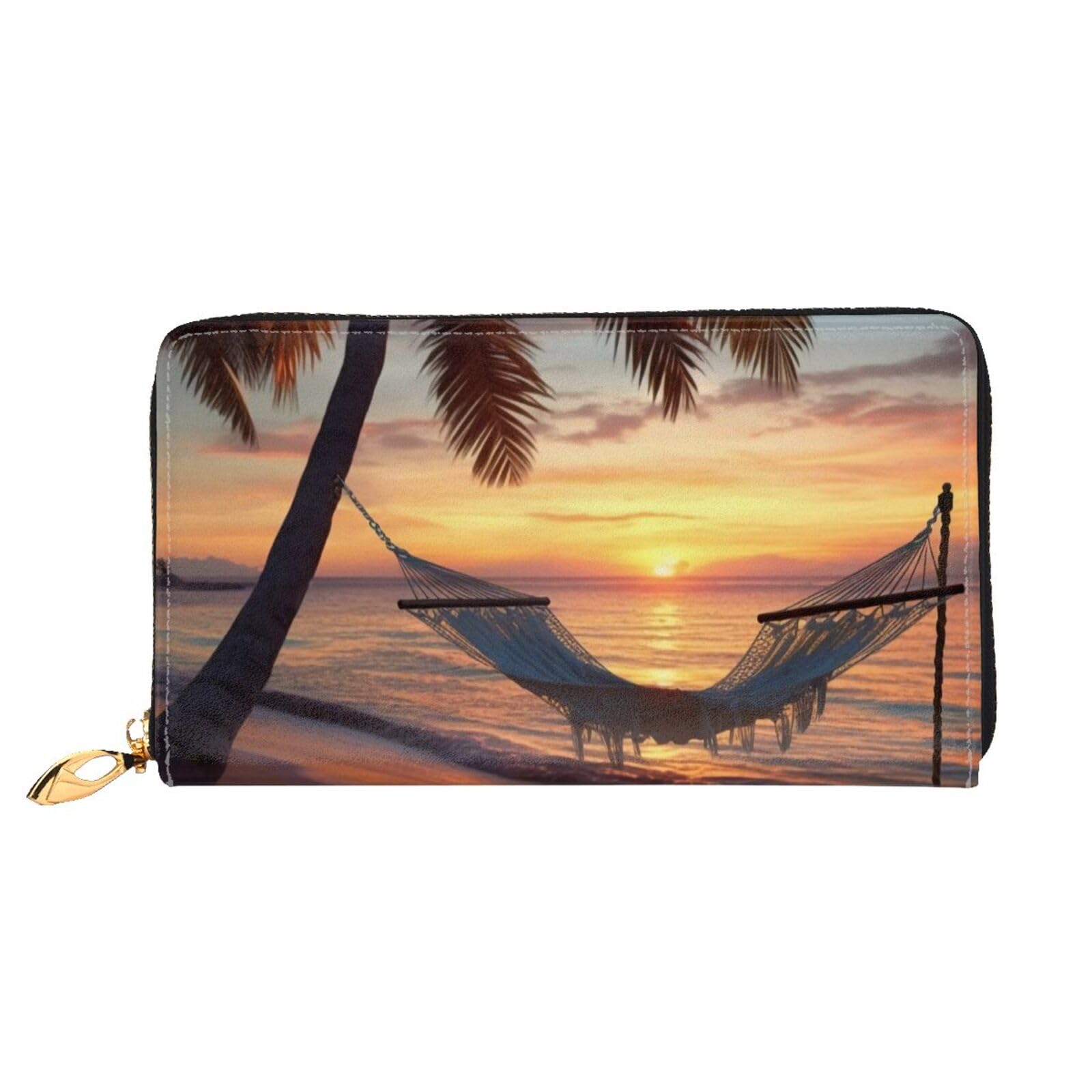 DENMER Coconut Beach Sunset Hängematte Leder Geldbörse Kunstleder mit metallischem Reißverschluss geräumiges und stilvolles Accessoire für moderne Frauen Produkt, Kokosnuss Beach Sunset Hängematte,