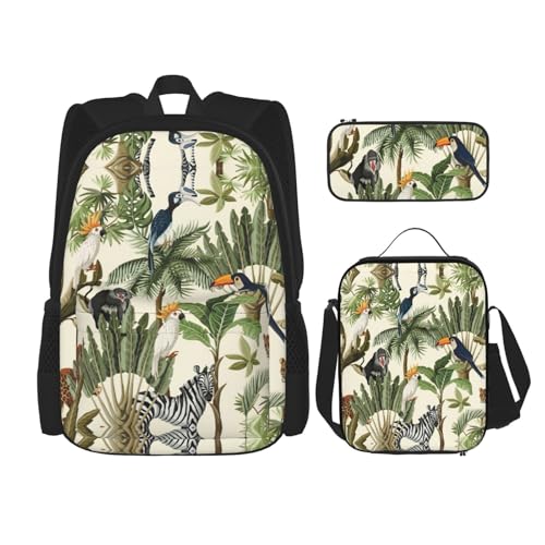 WURTON Trendige Rucksacktaschen mit Bäumen und Tiermotiven, Lunchbox und Federmäppchen, 3-in-1, verstellbares Rucksack-Set, Schwarz, Einheitsgröße, Schwarz , Einheitsgröße