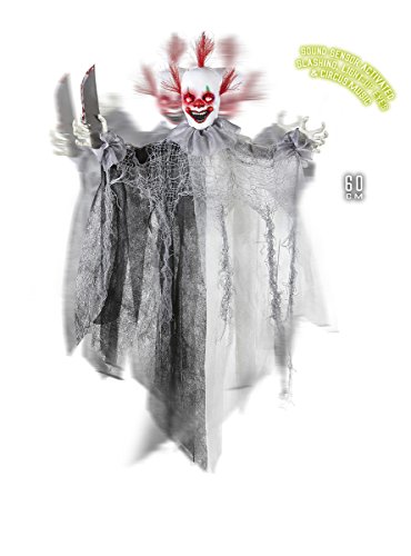 Widmann 01392 - Killer Clown mit Messer, animiert mit leuchtenden Augen und Zirkusmusik, 60 cm, Partydekoration, Halloween, Karneval, Mottoparty