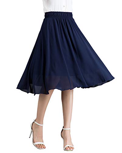 Damen Vintage Chiffon Midi Rock-Faltenrock Schlank Hohe Taille Elastische Taille Casual Röcke Strandrock (Eine Größe: Elastische Taille 62cm-82cm. Länge: 90, Navy Blue)