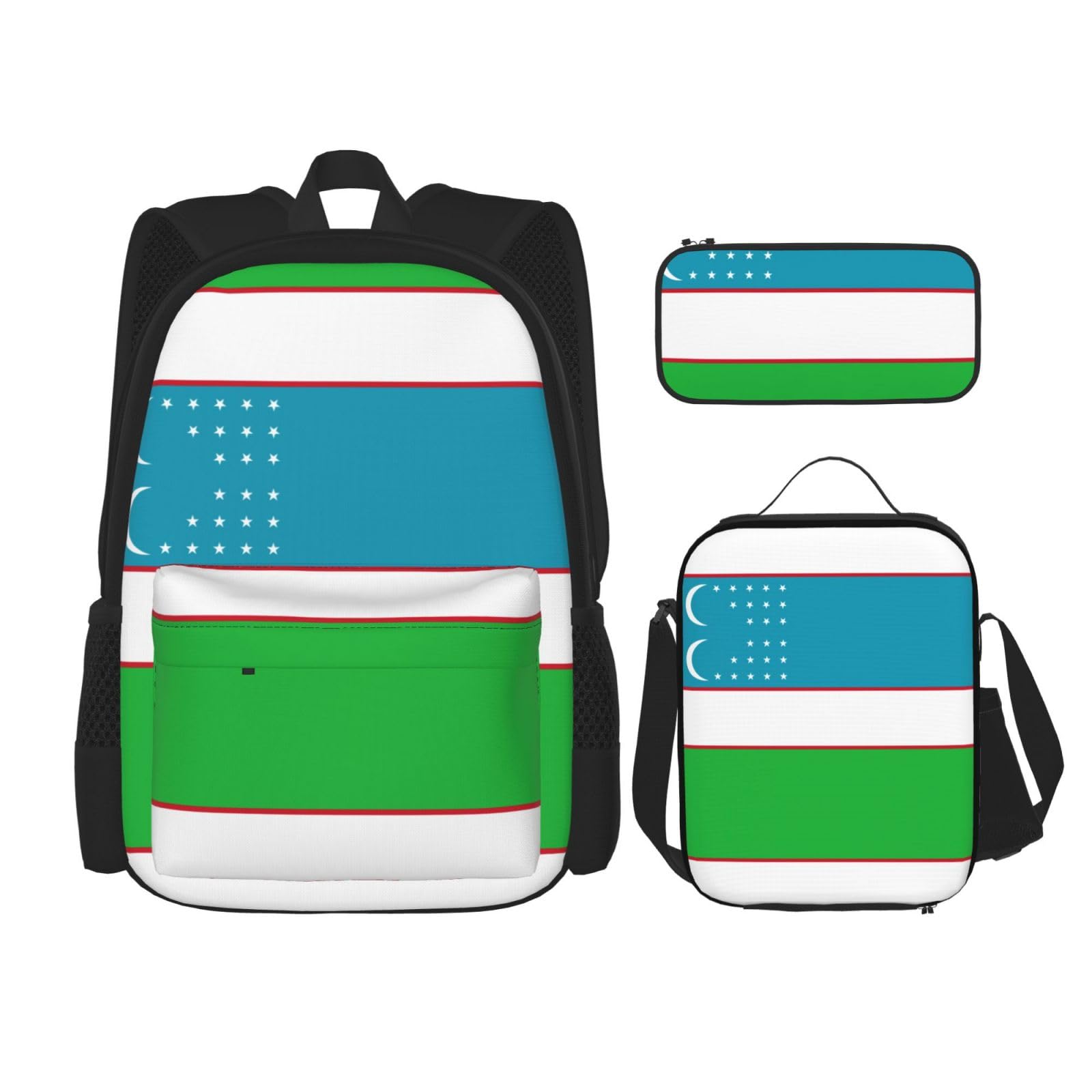 WURTON 3-in-1 Büchertaschen-Set, Motiv: Flagge der Republik Usbekistan, verstellbarer Schulter-Rucksack, Lunch-Tasche, Federmäppchen, Beutelbox, Flagge der Republik Usbekistan, Einheitsgröße