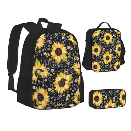 WURTON Büchertasche mit Jagdmotiv und Hirsch, 3-in-1, Schulrucksack-Set, Kinder-Rucksack, Sonnenblumenbienen, Einheitsgröße