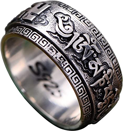 Amulett-Ring, Schutz-Reichtum-Ring, Herren Damen Vintage 925 Sterling Silber buddhistischer Om Mani Padme Hum Spinner-Band-Ring-Schmuck 10 mm Größe QY (Größe: Q) (Size : V 1/2)