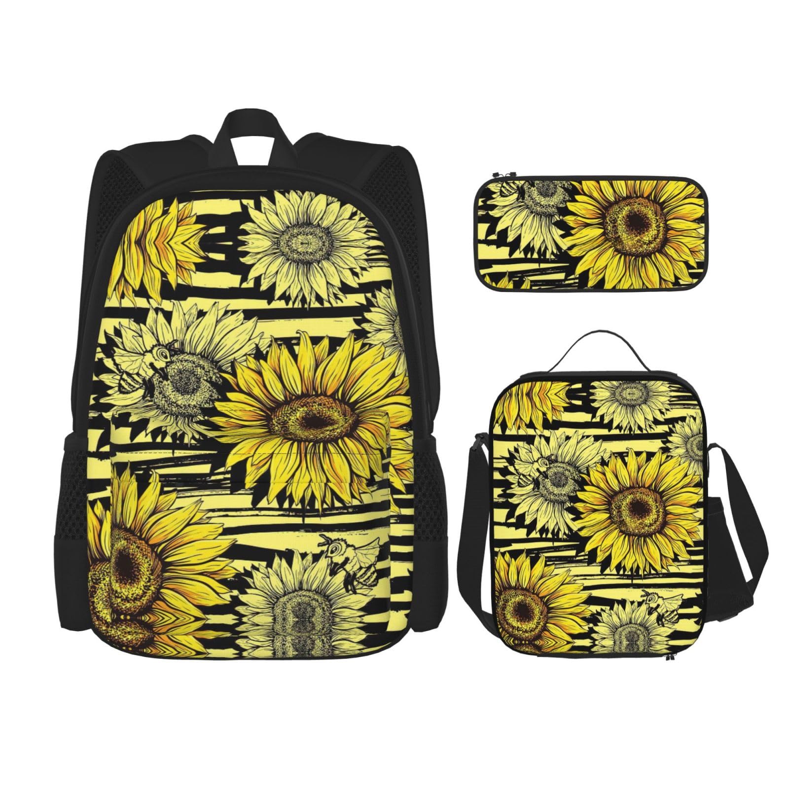 WURTON Bienen Sunflowe Print Lunchbox Federmäppchen Rucksack Set 3 Stück Verstellbare Träger Langlebig Leicht, Schwarz, One Size